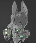 against_surface aiming_at_viewer alex_the_narehate arm_cannon armor eyebrows frowning_at_viewer glowing_lights greyscale hi_res long_ears looking_at_viewer made_in_abyss maiconsandey male metroid metroid_dread monochrome narehate nintendo raised_eyebrow simple_coloring sitting solo spacesuit spot_color unimpressed whiskers