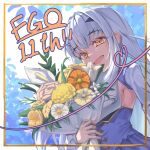  1girl 232323jerry absurdres anniversary bouquet breasts commentary_request dress fate/grand_order fate_(series) flower grey_hair highres holding holding_bouquet long_hair melusine_(fate) melusine_(second_ascension)_(fate) open_mouth orange_eyes small_breasts smile solo upper_body 