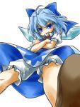  1girl 2000s_(style) :d ahoge bloomers blue_bow blue_dress blue_eyes blue_hair bow brown_shoes cirno cirno_day collared_shirt commentary_request crossed_arms dress elehime foot_out_of_frame from_below gunbuster_pose hair_bow ice ice_wings looking_at_viewer neck_ribbon open_mouth pinafore_dress puffy_short_sleeves puffy_sleeves red_ribbon ribbon shirt shoes short_hair short_sleeves simple_background sleeveless sleeveless_dress smile solo touhou v-shaped_eyebrows white_background white_bloomers white_shirt wings 