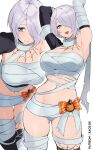 1girl :d angel_(kof) armpits arms_up bandaged_arm bandages blue_eyes breasts chest_sarashi cleavage commentary cowboy_shot grey_hair hair_over_one_eye kaos_art large_breasts looking_at_viewer multiple_views navel open_mouth sarashi single_bare_shoulder smile standing the_king_of_fighters thighs white_background 