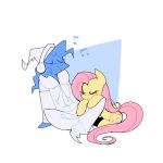 1:1 2026 blue_body blueberry_cobbler_(syrupyyy) bottomwear clothed clothing duo earmuffs equid equine eyes_closed female feral fluttershy_(mlp) friendship_is_magic fully_clothed hair hasbro hat headgear headwear hi_res horse humanoid listening_to_music mammal my_little_pony pants pink_hair pink_tail pony quadruped relaxing simple_background smile syrupyyy tail topwear white_bottomwear white_clothing white_hat white_headwear white_pants white_topwear yellow_body