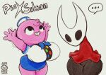 anthro arthropod big_breasts biped black_body bottom_heavy bottomwear breasts clothing crossover dress duo ellipsis english_description eyelashes featureless_crotch female flat_chested garabatoz hair hat headgear headwear hollow_knight_(franchise) hornet_(hollow_knight) humanoid humor looking_up miniskirt panty_peek peak_(videogame) pink_body raised_arms sailor_cap scout_uniform short_dress signature simple_background skirt speech_bubble team_cherry text textured thick_thighs toothy_grin white_background wide_hips