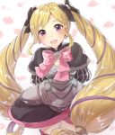  1girl arms_behind_back black_bow blonde_hair bow dress earrings elise_(fire_emblem_if) fire_emblem fire_emblem_if hair_bow haru_(nakajou-28) jewelry long_hair multicolored_hair nintendo open_mouth petals pink_bow purple_eyes purple_hair simple_background solo twintails white_background 
