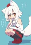  1girl :d animal_ear_fluff animal_ears bare_shoulders black_skirt black_socks blue_background blush brown_eyes commentary detached_sleeves full_body hair_between_eyes hat highres inubashiri_momiji loafers long_sleeves red_hat red_shoes saisoku_no_yukkuri shadow shirt shoes simple_background skirt sleeveless sleeveless_shirt smile socks solo squatting tail tokin_hat touhou translation_request white_hair white_shirt white_sleeves wide_sleeves wolf_ears wolf_girl wolf_tail 