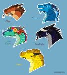 ambiguous_gender blindfold blindfold_only clay_(wof) dragon english_text european_mythology eyes_closed facial_horn feral fish_in_mouth flower_on_head frill_(anatomy) glory_(wof) group horn hybrid jewelry markings mudwing_(wof) mythological_creature mythological_scalie mythology necklace nightwing_(wof) nose_horn nude rainwing_(wof) sandwing_(wof) scales scalie seawing_(wof) side_view simple_background smile starflight_(wof) sunny_(wof) suntropikl text tongue tsunami_(wof) western_dragon wings_of_fire