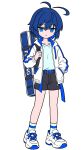  1girl antenna_hair belt belt_buckle black_shorts blue_belt blue_eyes blue_hair blue_socks buckle drawstring full_body hair_between_eyes hand_in_pocket highres hood hood_down hooded_jacket jacket long_sleeves open_clothes open_jacket original puffy_long_sleeves puffy_sleeves shoes shorts simple_background socks solo standing white_background white_jacket white_shoes yuu_(1122chevalerie) 