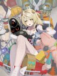  1boy 3girls absurdres ahoge animal_ears bandaid_on_chest bangboo_(zenless_zone_zero) banyue_(zenless_zone_zero) birkblick_(zenless_zone_zero) black_hair blonde_hair blush breasts collarbone commentary_request dialyn_(zenless_zone_zero) furry furry_female hair_between_eyes hair_ornament hairclip highres humanoid_robot in_shopping_cart light_frown long_hair looking_at_viewer multicolored_hair multiple_girls open_mouth phoenix_reffaella pink_hair rabbit_ears rabbit_girl robot robot_boy shopping_cart small_breasts split-color_hair swept_bangs thighhighs uixy white_hair white_thighhighs yellow_eyes zenless_zone_zero zhao_(zenless_zone_zero) 