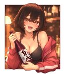  1girl :d absurdres bare_shoulders bilingual_commentary black_hair black_tank_top blurry blurry_background blush bokeh bonnouji_momoha border bottle breasts brown_eyes cleavage commentary_request depth_of_field double-parted_bangs english_commentary fang hair_between_eyes highres holding holding_bottle jacket kimi_no_koto_ga_dai_dai_dai_dai_daisuki_na_100-nin_no_kanojo large_breasts long_hair long_sleeves looking_at_viewer mixed-language_commentary open_clothes open_jacket open_mouth outside_border pigsir13152 red_jacket sake_bottle smile solo tank_top track_jacket upper_body white_border 
