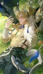  1boy absurdres animal_ears argent_flow_(arknights) arknights arknights:_endfield arm_guards armor beads black_horse blonde_hair blue_headband brown_eyes chinese_commentary commentary_request covered_pectorals cowboy_shot extra_ears fur_(clothing) grass hair_beads hair_ornament headband high_ponytail highres horse_boy horse_ears jewelry kharu11 long_hair looking_at_viewer lying male_focus mole mole_on_cheek muscular muscular_male obliques on_back parted_bangs parted_lips pauldrons pectorals petting ponytail profile ring shoulder_armor sideless_outfit solo tail tassel thumb_ring 