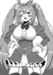  1girl absurdres aiguillette animal_ears blush bow breasts center_frills commentary_request daiwa_scarlet_(peak_blue)_(umamusume) daiwa_scarlet_(umamusume) epaulettes fang frills garter_straps hair_intakes highres horse_ears horse_girl horse_tail jacket juliet_sleeves large_breasts layered_skirt long_hair long_sleeves looking_at_viewer monochrome one_eye_closed open_mouth outsuchi puffy_sleeves shirt skirt solo tail thighhighs tiara twintails umamusume very_long_hair 