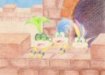 2021 anthro biped black_bracelet blue_hair bracelet brick claws colored_pencil_(artwork) day dragon_koopa eyes_closed eyewear fangs finger_claws frown gesture glasses green_hair group hair hand_gesture hi_res iggy_koopa japanese_description jewelry koopa koopaling larry_koopa lemmy_koopa male mario_bros markings mohawk multicolored_hair nintendo nude open_mouth open_smile outside pointing ribbon1984 scalie sky smile spiked_bracelet spikes star_(marking) teeth traditional_media_(artwork) trio wearing_glasses yellow_body