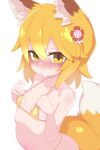  1girl ahoge animal_ear_fluff animal_ears bare_shoulders bikini blonde_hair blush breasts collarbone commentary_request flower fox_ears fox_girl fox_tail gold_bikini hair_between_eyes hair_flower hair_ornament highres kukuchi581 looking_at_viewer micro_bikini navel senko_(sewayaki_kitsune_no_senko-san) sewayaki_kitsune_no_senko-san short_hair simple_background small_breasts solo standing stomach string_bikini sweat swimsuit tail triangle_bikini_top white_background yellow_eyes 