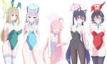  5girls :d ^_^ alternate_costume animal_ear_fluff animal_ear_hairband animal_ears arm_behind_back ayane_(blue_archive) bare_shoulders black_hair black_leotard black_pantyhose black_thighhighs blue_archive blue_halo blue_leotard blue_necktie blue_ribbon blush breasts cat_ears cat_girl cat_tail cleavage closed_eyes closed_mouth commentary covered_groin covered_navel cowboy_shot cross_hair_ornament detached_collar extra_ears facing_viewer fake_animal_ears fake_tail fang foreclosure_task_force_(blue_archive) frown garter_straps glasses green_halo green_leotard grey_hair groin hair_between_eyes hair_ornament hair_ribbon hairband halo hand_up hands_up head_tilt highleg highleg_leotard highres holding_hairband holding_hands hoshino_(blue_archive) index_finger_raised large_breasts leotard long_hair looking_at_viewer madoka_(user_zrnk8278) medium_breasts medium_hair multiple_girls necktie nonomi_(blue_archive) open_mouth pantyhose pink_halo playboy_bunny pointy_ears rabbit_ear_hairband rabbit_ears red-framed_eyewear red_eyes red_halo red_leotard red_pupils ribbon serika_(blue_archive) shiroko_(blue_archive) short_necktie side-by-side simple_background skin_fang slit_pupils small_breasts smile straight_hair strapless strapless_leotard tail thigh_gap thighhighs thighs twintails untranslatable_commentary very_long_hair white_background white_leotard white_thighhighs white_wrist_cuffs wolf_ears wolf_girl wrist_cuffs 