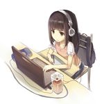  :&lt; bag bison_cangshu chair computer drawing face frown glass headphones laptop long_hair mouse_(computer) mousepad_(object) original school_bag sitting solo tablet 