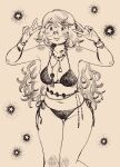 1girl :p bikini breasts closed_mouth commentary double_v english_commentary feet_out_of_frame glasses greyscale hands_up heidi_(heytherenrds) highres jewelry large_breasts lineart long_hair monochrome multiple_necklaces navel necklace original round_eyewear side-tie_bikini_bottom smile solo standing star_(symbol) string_bikini swimsuit tongue tongue_out v wavy_hair 