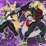 1:1 2026 abstract_background altered_forme_giratina alternative_fashion anthro artist_name athletic athletic_anthro athletic_male belt biped black_bottomwear black_clothing black_gloves black_handwear black_jacket black_pants black_shirt black_topwear blonde_hair boots bottomwear chain claws clothed clothed_anthro clothed_male clothing colored cropped_jacket digital_media_(artwork) digitigrade duo eeveelution electric_guitar facial_hair fingerless_gloves fingers footwear front_view full-length_portrait fur generation_1_pokemon generation_4_pokemon giratina glamrock gloves goatee guitar hair handwear hi_res holding_guitar holding_musical_instrument holding_object jacket jolteon leather leather_bottomwear leather_clothing leather_pants legendary_pokemon long_hair long_tail looking_at_viewer looking_down male metalhead muscular muscular_anthro muscular_male musical_instrument nintendo open_clothing open_jacket open_topwear orange_eyes pants plucked_string_instrument pokemon pokemon_(species) portrait pose red_eyes rocking_out shirt shoes smile smirk standing string_instrument tail tattoorexy text toe_claws topwear white_clothing white_hair white_shirt white_topwear yellow_body yellow_fur
