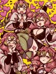  1girl :t arm_up blush bowl braid breasts chopsticks cleavage closed_eyes closed_mouth colored_tips commentary deterrgentt eating eyelashes fingernails food green_eyes green_hair green_thighhighs hair_between_eyes hands_on_own_face heart highres holding holding_bowl holding_chopsticks kanroji_mitsuri kimetsu_no_yaiba large_breasts long_hair long_sleeves mole mole_under_each_eye mole_under_eye multicolored_hair multiple_moles multiple_views notice_lines open_mouth pink_hair pink_sandals sandals smile thighhighs third-party_source twin_braids twintails two-tone_hair untranslatable_commentary yellow_background 