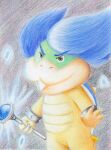 2021 anthro biped black_bracelet blue_hair blue_shell bracelet buckteeth claws closed_smile colored_pencil_(artwork) dragon_koopa fangs featureless_crotch finger_claws hair hi_res holding_object holding_wand japanese_description jewelry koopa koopaling ludwig_von_koopa magic magic_wand male mario_bros mouth_closed narrowed_eyes nintendo nude ribbon1984 scalie shell smile solo spiked_bracelet spiked_shell spikes spikes_(anatomy) standing tail teeth traditional_media_(artwork) wand yellow_body