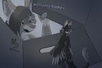 3:2 anthro avali canid canine confusion dialogue duo extreme_size_difference female folxalt fox greyscale hi_res hikari_(lumathefloof) larger_female looking_up luma_(lumathefloof) mammal micro monochrome shoebox size_difference slim small_waist smug_expression smug_eyes smug_face teasing