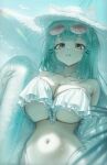  1girl absurdres animal_ears aqua_hair bare_shoulders bird blunt_bangs bobby_pin breasts breasts_squeezed_together cat_ears cat_girl cleavage collarbone commentary day eyewear_on_head highres holding holding_swim_ring huge_breasts lens_flare long_hair long_sidelocks looking_at_viewer macaroon303 navel original outdoors parted_lips pink-tinted_eyewear pink_eyes shade sidelocks sky solo stomach sunglasses swim_ring tinted_eyewear underboob untranslatable_commentary very_long_hair white_bird 