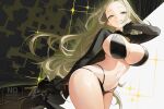  1girl :q absurdres astrae_oratio bikini black_bikini black_shrug blonde_hair breasts commentary cowboy_shot earclip floating_hair green_eyes hanamori_moa hand_up highleg highleg_bikini highres holding kiisher_d large_breasts light_blush long_hair long_sleeves looking_at_viewer mole mole_on_breast mole_on_ear mole_on_stomach mole_under_eye multi-strapped_bikini_bottom multiple_moles navel shrug_(clothing) solo standing string_bikini swimsuit tongue tongue_out untranslatable_commentary very_long_hair watermark 