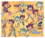  2girls :3 absurdres adoptive_siblings aqua_hair brown_hair crashie dark-skinned_female dark_skin fangs green_hair highres hood hoodie luz_noceda multicolored_hair multiple_girls overalls school_uniform siblings snake_girl tank_top the_owl_house two-tone_hair vee_(the_owl_house) wide_mouth 