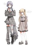  2girls bang_dream! bang_dream!_our_notes black_boots black_choker black_ribbon blonde_hair boots brown_dress choker closed_mouth collar commentary dress fishnet_pantyhose fishnets gaaaaaaaaaaasu green_eyes grey_dress grey_hair hair_ribbon highres holding holding_leash leash medium_hair multiple_girls off-shoulder_dress off_shoulder pantyhose platform_boots ribbon shinomiya_shizuku simple_background single_leg_pantyhose single_thighhigh thighhighs two_side_up untranslatable_commentary white_background yakura_yomogi yuri 