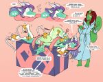 2_horns anthro asking_another bathrobe biped blue_clothing blue_eyes blue_robe breast_squish breasts butt butt_grab chameleon clothing curled_tail dialogue dragon duo english_text eyelashes eyes_closed female green_body green_scales grey_horn hair hand_on_butt hi_res horn laugh lizard lying machine markings massage motion_lines mythological_creature mythological_scalie mythology non-mammal_breasts non-mammal_hair nude nude_anthro nude_female on_front pink_background pink_tongue purple_hair red_hair reptile restrained restraints robe robot_arms rubbing_feet scales scalie simple_background sketcher92 smile spots spotted_body squish standing tail tail_grab talking_to_another teeth text tickling tongue tongue_out white_body white_scales