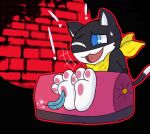 3_toes anthro atlus azazelbun black_body black_fur blue_eyes blue_loose_feather bodily_fluids bound dipstick_tail domestic_cat exclamation_point feet felid feline felis foot_fetish fur hands_behind_back hands_tied hands_tied_behind_back hi_res kerchief laugh loose_feather male mammal markings megami_tensei morgana_(persona) multicolored_body multicolored_fur neckerchief neckwear one_eye_closed open_mouth open_smile pawpads persona_(series) persona_5 pink_pawpads restrained_feet sega smile solo sweat sweatdrop tail tail_markings tickle_fetish tickle_torture tickling tickling_feet toes tongue white_body white_fur white_inner_ear white_tail_tip yellow_kerchief yellow_neckerchief