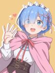  1girl blue_eyes blue_hair cloak commentary_request corset hair_over_one_eye hair_ribbon hand_up headdress heart highres hood hood_down hooded_cloak kawaruwaru looking_at_viewer official_alternate_costume open_mouth pink_cloak pink_ribbon pink_skirt re:zero_kara_hajimeru_isekai_seikatsu rem_(re:zero) ribbon short_hair simple_background skirt smile solo teeth upper_body upper_teeth_only waving yellow_background 