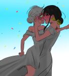  2girls absurdres alternate_hairstyle bang_dream! bang_dream!_our_notes black_hair blonde_hair blue_background blue_eyes closed_eyes commentary confetti constricted_pupils dress from_side gradient_background hair_up hand_on_another's_face highres imminent_kiss jewelry korean_commentary mahashi_miku multicolored_hair multiple_girls mungkiho parted_lips profile ring suga_raika sweat two-tone_hair wedding_dress wedding_ring white_background white_dress white_hair wife_and_wife yuri 