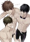  3boys black_hair blue_eyes brown_hair collarbone free! green_eyes grey_hair highres kirishima_natsuya korean_text legskin looking_at_viewer male_focus male_swimwear multiple_boys nanase_haruka_(free!) nipples short_hair simple_background sso_s tachibana_makoto topless_male white_background 