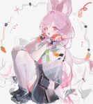  1girl :d animal_ear_fluff animal_ears arknights black_shoes black_skirt capelet carrot chinese_commentary commentary_request fingerless_gloves full_body gloves hands_up highres knees_up kukunight long_hair looking_at_viewer material_growth open_mouth orange_gloves oripathy_lesion_(arknights) pink_eyes pink_hair rabbit_ears rabbit_girl shoes sitting skirt smile sneakers solo thighhighs thumpy_(arknights) white_capelet white_thighhighs 