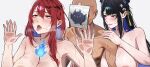  1boy 2girls absurdres against_glass areola_slip black_hair blue_fire blue_hair blush breasts colored_inner_hair commission elizabeth_rose_bloodflame ffm_threesome fire fire_on_chest group_sex hetero highres hololive hololive_english horns implied_sex jailbird_(nerissa_ravencroft) large_breasts long_hair mole mole_under_eye multicolored_hair multiple_girls nerissa_ravencroft nevee nude open_mouth out-of-frame_censoring red_eyes red_hair sex threesome two-tone_hair virtual_youtuber 