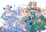  ahoge ayacho bare_arms bare_shoulders black_horns blue_flower blue_gem blue_hair blue_rose blue_skirt blush breasts cape cleavage closed_mouth collar commentary_request de_la_fille draph dress earrings elbow_gloves flower frilled_dress frills fur_collar gem gloves gold_earrings granblue_fantasy green_collar green_dress green_eyes green_gem green_hair green_skirt grey_dress hair_between_eyes hat height_difference highres horns huge_ahoge izmir jewelry large_breasts large_ribbon long_hair long_skirt multicolored_hair navel orange_hair pointy_ears purple_cape purple_gem red_eyes red_gem red_hair ribbon rose shortstack simple_background skirt smile snowflake_ornament snowflake_print snowflakes standing straight_hair twintails very_long_hair white_background white_fur white_gloves white_hat white_ribbon yellow_gem 