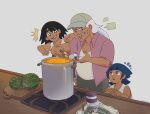 3boys aged_down black_hair blue_hair cal_(electro_andes) chilcayote child cooking cutting_board electro_andes food grandfather_and_grandson highres jam knife krstarji long_hair multiple_boys old old_man pietro_(electro_andes) short_hair spoon tata_(electro_andes) vegetable white_hair wooden_spoon 