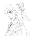  1girl 2000s_(style) bow capelet commentary_request elehime empty_eyes expressionless greyscale hair_bow half_updo highres len_(tsukihime) long_hair long_sleeves monochrome open_mouth pointy_ears profile simple_background solo tsukihime upper_body 