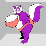 1:1 anthro big_breasts bikini blue_eyes breasts cellulite clothing fangs fat_arms fat_legs female fur hair heterochromia hi_res huge_breasts looking_at_viewer mammal melissa_mouffette mephitid mike_and_melissa nipple_outline overweight overweight_anthro overweight_female purple_body purple_fur red_bikini red_clothing red_swimwear short_hair skunk smile solo swimwear teeth thick_thighs two-piece_swimsuit white_body white_fur white_hair whiteraff yellow_eyes