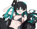 1girl baggy_pants black_bra black_choker black_coat black_gloves black_hair black_pants bra breasts choker clippers coat colored_inner_hair commentary_request ear_ornament fataaa gloves green_eyes green_hair highres holding_pliers long_hair looking_at_viewer multicolored_gloves multicolored_hair open_clothes open_coat original pants pliers pose_request simple_background small_breasts solo tongue tongue_out two-tone_gloves underwear upper_body white_background 