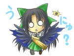  1girl 2000s_(style) arm_cannon black_hair black_sun black_wings blue_cape bow cape chibi chibi_only collared_shirt commentary_request control_rod_(touhou) elehime feathered_wings full_body green_bow green_skirt hair_bow long_hair looking_at_viewer o_o open_mouth partial_commentary puffy_short_sleeves puffy_sleeves reiuji_utsuho shirt short_sleeves simple_background skirt solo standing sun third_eye touhou translated triangle_mouth unyu weapon white_background white_shirt wings 