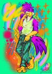 4_toes anthro avian bird bottomwear chicken cigarette clothing denim denim_bottomwear denim_clothing feet galliform graffiti griiffziilla gun hi_res jeans male pants phasianid purple_body ranged_weapon rothus shirt smoking smoking_cigarette solo tank_top toes topwear weapon