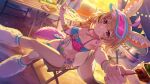  1girl ahoge animal_ears animal_print armlet bare_shoulders bikini black_hair blonde_hair blue_bikini blue_hat blush braid breasts collarbone cooking_pot crossed_legs earrings facial_mark fingernails food fox_ears fox_girl fox_tail game_asset grill grin hair_ornament hat heart heart_facial_mark highres holding holding_skewer hololive hololive_dreams hoop_earrings jewelry knees leg_warmers leopard_print leopard_print_bikini long_hair looking_at_viewer multicolored_hair nail_polish navel necklace non-web_source official_alternate_hairstyle official_art omaru_polka omaru_polka_(shared_bbq_bliss) outdoors pink_bikini pink_eyes pink_hair pink_hat pink_nails print_bikini sand sausage shell shell_hair_ornament sitting skewer smile solo star_(symbol) star_facial_mark starfish steak stomach streaked_hair swimsuit table tail thighs virtual_youtuber visor_cap white_leg_warmers yellow_tail 