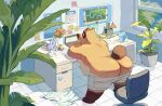 2026 absurd_res aloha_shirt animal_crossing anthro bag belly bent_over big_belly big_butt bodily_fluids book bottomwear bottomwear_down bubble_butt butt calendar canid canine casual_exposure chair clothed clothing computer container crossed_arms desk desk_fan detailed_background discarded_clothing electronics flag flag_(object) flower fur furniture heat_(temperature) hi_res high-angle_view inside laptop leaf male mammal map mouthless narrowed_eyes nintendo office overweight overweight_anthro overweight_male paper partially_clothed pattern_clothing pattern_shirt pattern_topwear pen_(object) picture_frame plant plant_pot post-it_note poster potted_plant raccoon_dog shadow shirt shorts shorts_down solo standing sticker sweat table tanuki thick_thighs tom_nook_(animal_crossing) topless topless_anthro topless_male topwear tuft vase ventesthefloof window