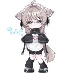  1girl :3 ahoge animal_ear_fluff animal_ears apron black_jacket black_leg_warmers black_shoes character_name chibi chibi_only closed_mouth commentary_request fox_ears fox_girl fox_tail frilled_apron frills full_body grey_eyes grey_hair hair_intakes heart heart_hands highres jacket jersey_maid leg_warmers light_blush looking_at_viewer mafuyu_(vrchat) maid medium_hair shoes sidelocks simple_background smile solo tail twitter_username unconventional_maid vrchat wgaquq white_apron white_background 