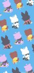  4girls absurdres ahoge animal_ears black_hair blue_background brown_hair cat_ears cat_girl cat_tail chibi chibi_only colored_inner_animal_ears dog_ears dog_tail floppy_ears fox_ears fox_girl fox_tail from_behind hair_ornament highres hololive hololive_gamers inugami_korone inugami_korone_(1st_costume) multiple_girls multiple_views nekomata_okayu nekomata_okayu_(1st_costume) ookami_mio ookami_mio_(1st_costume) purple_hair rizu_(rizunm) shirakami_fubuki shirakami_fubuki_(1st_costume) simple_background sitting tail virtual_youtuber white_hair wolf_ears wolf_girl wolf_tail 