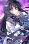  1girl akemi_homura akemi_homura_(magical_girl) argyle_clothes argyle_pantyhose arm_rest black_hair black_pantyhose capelet collared_capelet commentary gem hairband hand_jewel hand_on_own_cheek hand_on_own_face head_rest highres long_hair looking_at_viewer magical_girl mahou_shoujo_madoka_magica mahou_shoujo_madoka_magica_(anime) maroonabyss pantyhose purple_eyes purple_gem skirt soul_gem_(madoka_magica) two-tone_capelet 
