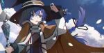  1girl absurdres adjusting_clothes adjusting_headwear artist_name blue_eyes blue_hair braid brown_cloak cloak cloud commentary_request copyright_name crossed_bangs dated day gugugu_official hair_between_eyes hand_up hat highres large_hat long_hair long_sleeves looking_at_viewer mage_staff mushoku_tensei open_mouth outdoors roxy_migurdia sky solo staff twin_braids upper_body very_long_hair witch_hat 