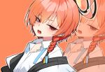  1girl ahoge black_halo blue_archive blush braid commentary earrings halo highres huge_ahoge jacket jewelry looking_at_viewer mole mole_under_each_eye mole_under_eye multiple_moles necktie neru_(blue_archive) open_mouth orange_background orange_hair partially_unbuttoned red_eyes seoly_ouo short_hair single_braid solo squinting sukajan tag undone_necktie untranslatable_commentary 