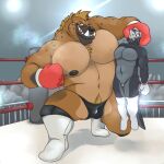 animal_genitalia anthro bodily_fluids boxing boxing_gloves cloaca clothing defeated domination/submission drooling duo fight fighting_ring genitals gyaku_ryona handwear heel hi_res jobber male male/male pain punch questionable_consent saliva speedo sport sweat swimwear thong underwear whisp_jc wounded wrestling