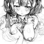  1girl 1other absurdres alternate_breast_size_(larger) alternate_costume anya_melfissa bad_id bad_twitter_id blunt_bangs bow bowtie breasts center-flap_bangs collared_shirt curled_fingers double-parted_bangs foreshortening from_above grabbing_another's_breast greyscale groping hair_ornament hand_up highres hololive hololive_indonesia jitome large_breasts light_blush long_hair long_sleeves looking_at_viewer monochrome nipples no_pupils one_breast_out parted_lips pov pov_hands puffy_long_sleeves puffy_nipples puffy_sleeves sedua_weynn shirt sleeveless sleeveless_shirt solo sweat two_side_up virtual_youtuber wavy_hair 